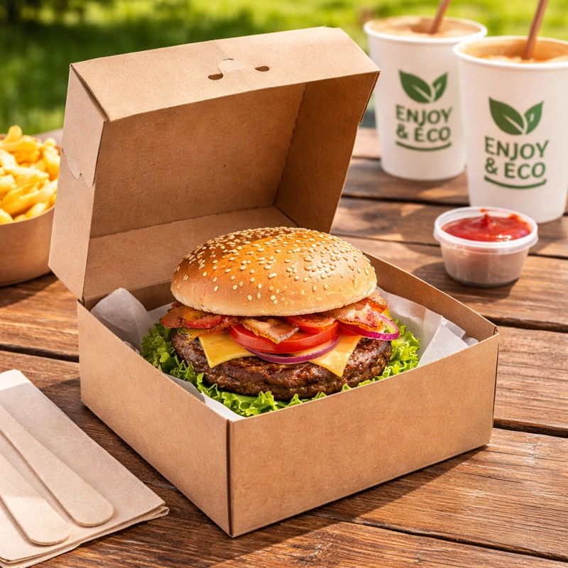 Pudełko kraft na hamburger 132x132 mm z burgerem i frytkami na stole plenerowym.png