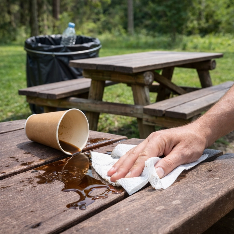 ręcznik papierowy sceneria leśna Wycieranie rozlanej kawy na stole.png