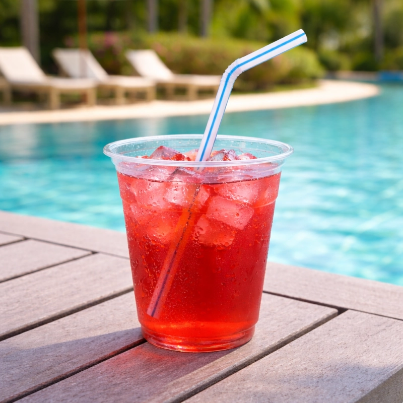 kubek plastikowy Kolorowy napój na stoliczku przy basenie.png