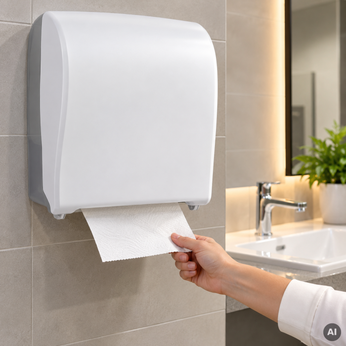 Mechaniczny podajnik ręczników papierowych w rolach MERIDA SOLID CUT zastosowanie