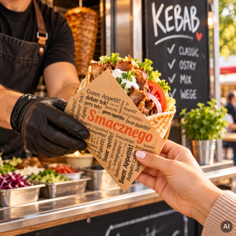 Koperta na kebab 17,5x17 cm brązowa Smacznego Kram 22182 zastosowanie.png