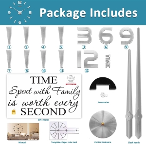 SREBRNY Bezramowy Duży Zegar Ścienny DIY