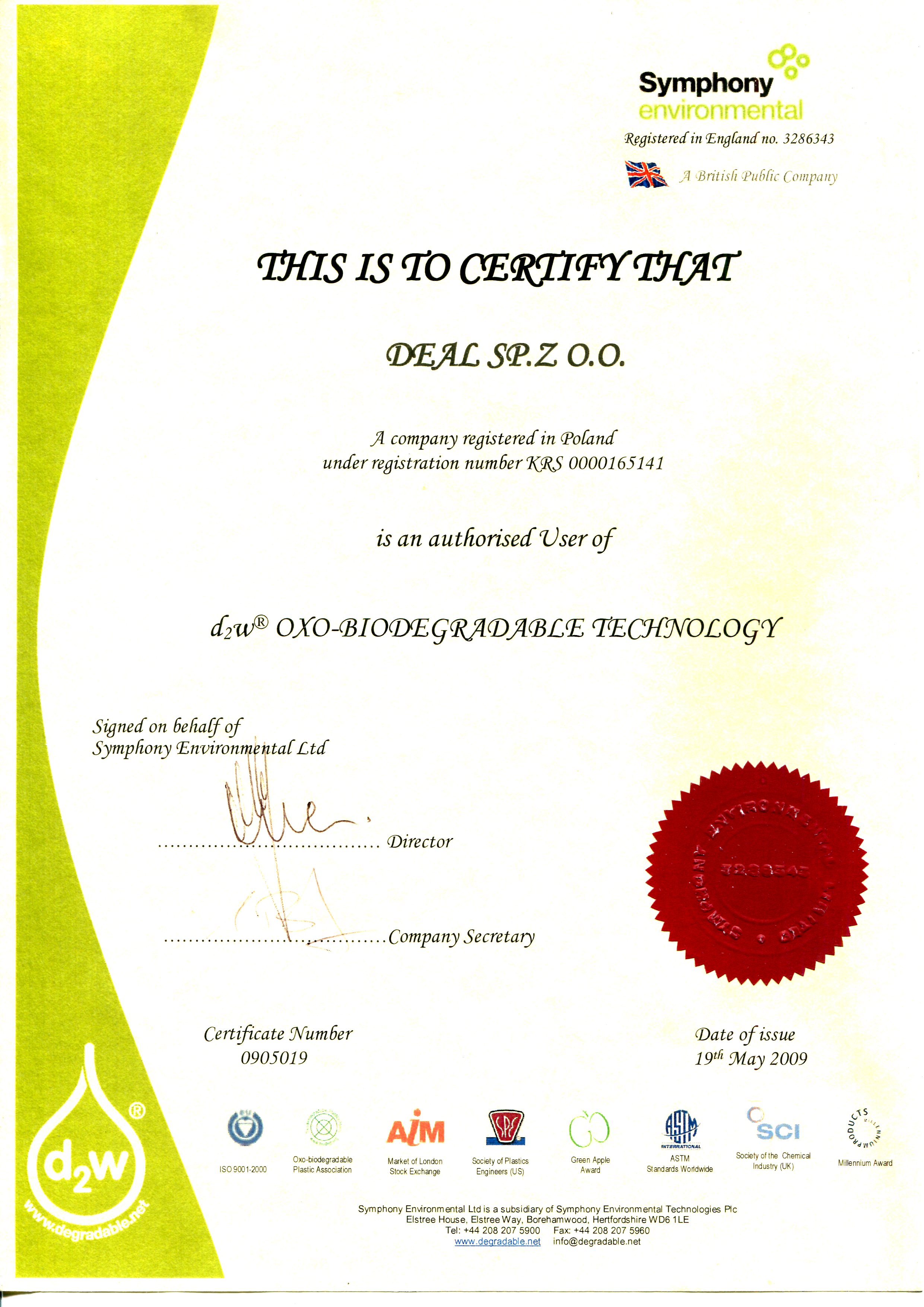 Certyfikat d2w OXO-Biodegradable Technology